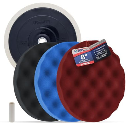 TCP Global Professional 3 Pad Buffing and Polishing Kit with 8 Inch Waffle Foam Pads for Car Detailing - Complete Polisher Buffing Pad Set with 5/8" Threaded Backing Plate