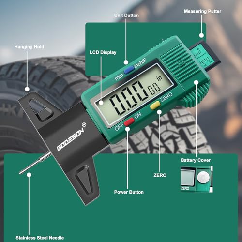GODESON Tire Tread Depth Gauge - Large LCD Screen with Inches/Millimeters/Fraction Units, Zero Reset Function, Digital Tire Depth Gauge for Car, Truck, SUV, Green Tread Wear Measurement - 0-25.4mm - color: Green