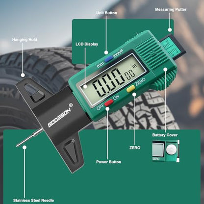 GODESON Tire Tread Depth Gauge - Large LCD Screen with Inches/Millimeters/Fraction Units, Zero Reset Function, Digital Tire Depth Gauge for Car, Truck, SUV, Green Tread Wear Measurement - 0-25.4mm - color: Green