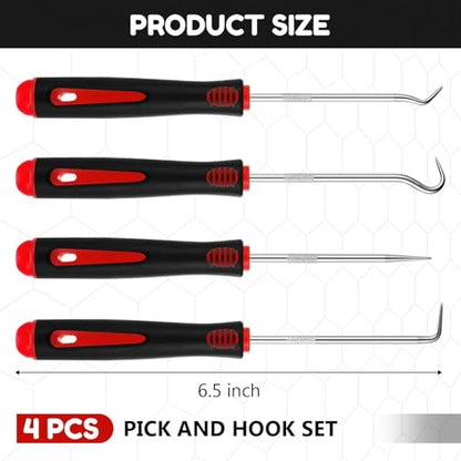 4 PCS Precision Pick and Hook Set, Heavy Duty Pick Set Mechanic Tools with Non-Slip Handle, for Automotive, O-Ring, Seal, Gasket Removal– Blue/Yellow/Red (Red) - color: Red