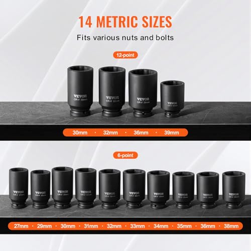 VEVOR Axle Nut Impact Socket Set - 1/2" Drive Deep 6+12-Point 14-Piece Metric Spindle Nut Socket CR-V Heat Treated Large Socket Set with Storage Case for Auto Repair, Removing or Installing Axle Nuts - style: 1/2" 14PCS CR-MO