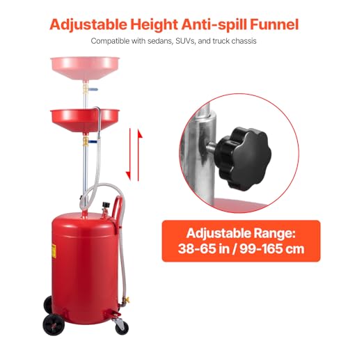 VEVOR 20-Gallon Waste Oil Drain Tank, Air Operated Portable Oil Drainer with Adjustable Funnel Height, Fluid Fuel Transfer Drainage with Wheels, Oil Change Container for Auto Repair Shops, Garages | Air Operated, Portable Oil Drainer, Adjustable Funnel He