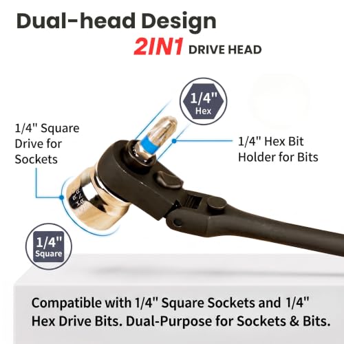 1/4" Drive Dual Flex Head Ratchet & Bit Driver – 6-inch long, 72-Tooth, 5° Swing Arc, High Torque, Chrome Vanadium Steel - size: 1/4" Drive Dual Flex Head Ratchet
