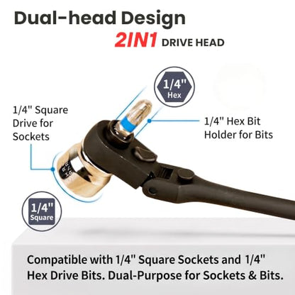 1/4" Drive Dual Flex Head Ratchet & Bit Driver – 6-inch long, 72-Tooth, 5° Swing Arc, High Torque, Chrome Vanadium Steel - size: 1/4" Drive Dual Flex Head Ratchet