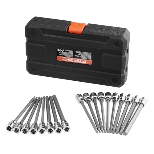 VEVOR Extra Long Allen Hex Bit Socket Set, 18-Piece 3/8 inch Drive, S2 Alloy Steel and Cr-V Steel, Standard SAE and Metric 1/8-Inch-3/8-Inch, 3-12mm, with Enhanced Storage Case, for Mechanics - style: 18 PCS Hex