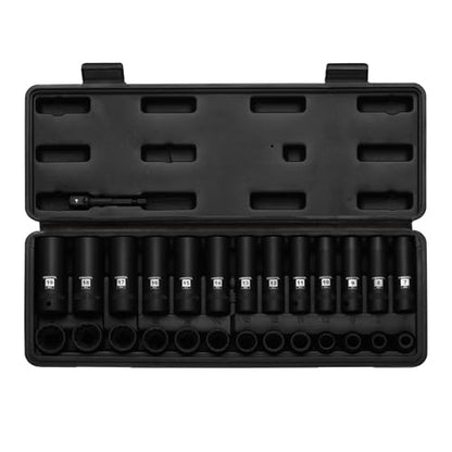 EMENTOL 3/8" Drive Impact Socket Set, 27PCS, Metric(7mm to 19mm), Deep and Shallow, 12 Point, Includes Drill Bit Adapter - size: 3/8" Drive (7mm-19mm),12 Point