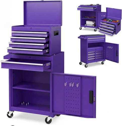 Goplus Rolling Tool Chest, 5-Drawer Tool Box Organizer w/Lockable Wheels & Sliding Drawers & Detachable Top & Adjustable Shelf, Tool Storage Cabinet for Garage Workshop - color: Purple, style: 5 Drawers