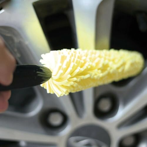 Car Wheel Brush Soft Bristle Rim Cleaner Tool for Tire Washing - Flexible Sponge Head Removes Brake Dust on SUV Truck - 35cm Yellow
