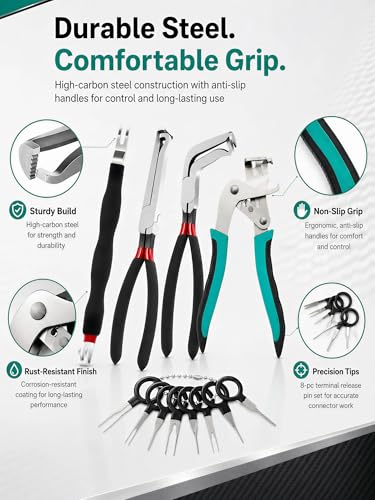Electrical Disconnect Pliers and Car Clip Removal Tool Set | 4 automotive disconnect and clip tools plus 8 terminal release pins for wiring connectors, trim clips and fastener removal