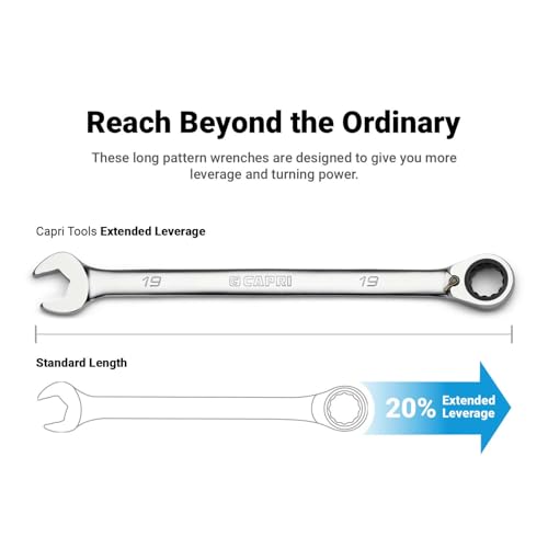Capri Tools 120-Tooth Ultra-Smooth Reversible Ratcheting Wrenches Set, XL Long Series, 12-Point, 8 to 19 mm, Metric, 12-Piece with Merchanic's Tray - size: 12-Piece Metric Set