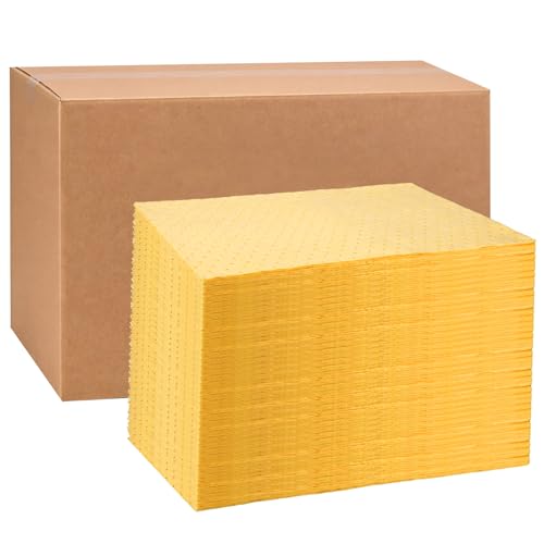 Hoolerry 100 Pcs Oil Absorbent Pads Bulk Heavy Weight Dimpled Garage Absorbing Pad Water Absorbent Mat Trimmable Oil Spill Mat for Garage Floor Workshop Auto Fluid Cleanup (9.8 x 13 Inch,Yellow) - color: Yellow, size: 9.8 x 13 Inch