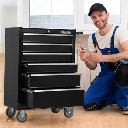 6-Drawer Rolling Tool Chest with Locking Wheels & Drawers, 13" D x 24.2" W x 36.6" H Mobile Tool Storage Cabinet, Heavy-Duty Garage Organizer with Ergonomic Handle - color: Black and White