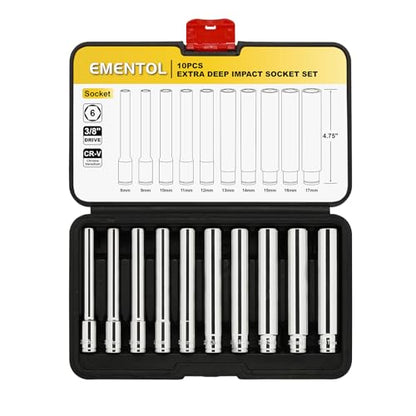 EMENTOL 10PCS 3/8-Inch Drive Metric Deep Socket Set, 8-17MM Deep Sockets, Extra Long, 6-point, Cr-V Steel - size: 3/8" Drive Metric (8-17mm)