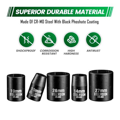 Steel Vision Tools 14-Piece 1/2" Drive Metric Shallow Impact Socket Set, CR-MO Steel 6-Point Standard Metric Sockets, 10-27mm, Heavy Duty Impact Wrench Socket Set for Automotive Repair - style: 1/2"_Metric_Shallow
