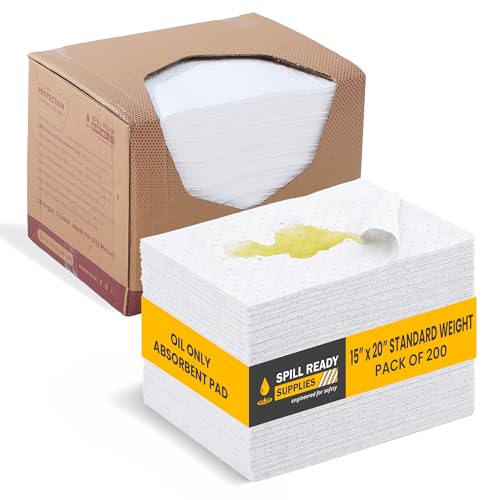 Spill Ready Oil Only Absorbent Pads 15" x 20" (200 Pack) - Standard Weight Absorbs Up to 24 oz per pad - 2mm Oil Spill Mat, Hydrophobic Sorbent Mat Pads for Oil & Fuel Spills, Oil Pads - White | Suitable for Docks, Shops & Maintenance Areas - color: 200 P