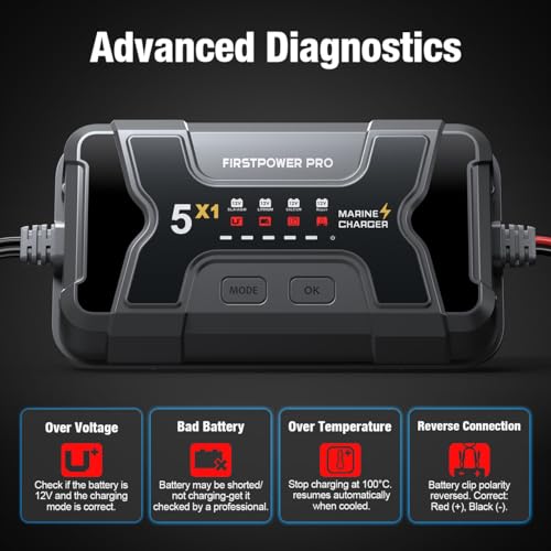 Marine Battery Charger 5X1: 1-Bank, 5A Onboard Battery Charger - 5A Per Bank, 12V Waterproof Boat Batter Charger for SLA/AGM, Lithium, Calcium - Charged 24/7 - size: 1 Bank(5A)