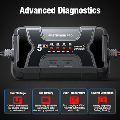 Marine Battery Charger 5X1: 1-Bank, 5A Onboard Battery Charger - 5A Per Bank, 12V Waterproof Boat Batter Charger for SLA/AGM, Lithium, Calcium - Charged 24/7 - size: 1 Bank(5A)