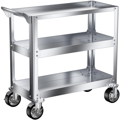Stainless Steel Utility Cart on Wheels, 3-Tier Tool Cart with Wheels | 1100 lbs Commercial Rolling Service Cart for Garage Workshop Warehouse Mechanic Kitchen, 18.1" D x 30.7" W x 36.2" H