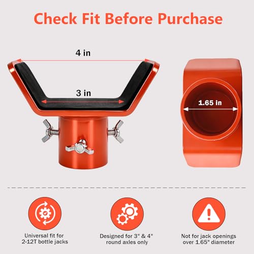 Adjustable Bottle Jack Adapter with Triple-Lock – 1/4" Steel V-Shaped Axle Saddle for 2T-12T Bottle Jacks, Fits 3" & 4" Axle Tubes for Stable, Wobble-Free Support on RVs, Trucks, Trailers