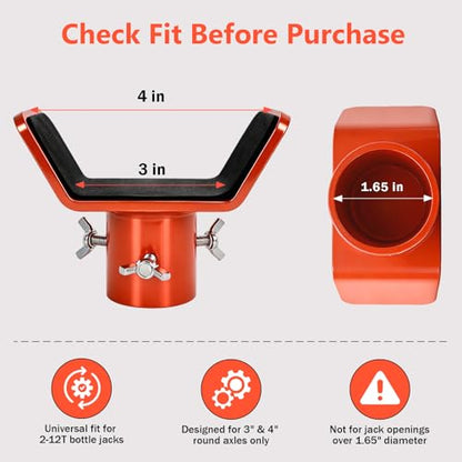 Adjustable Bottle Jack Adapter with Triple-Lock – 1/4" Steel V-Shaped Axle Saddle for 2T-12T Bottle Jacks, Fits 3" & 4" Axle Tubes for Stable, Wobble-Free Support on RVs, Trucks, Trailers