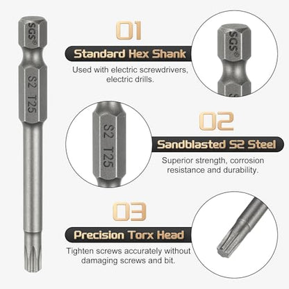 HARFINGTON 3pcs T25 Torx Head Screwdriver Bit 1/4" Hex Shank 2.6" (65mm) Long Magnetic No Hole Tip Tamper Proof 6 Point Star Screw Driver Drill Bits S2 Steel Industrial Power Screwdrivers - size: T25 x 2.6"(65mm)