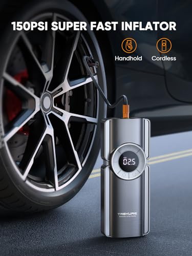 TREKURE Portable Car Jump Starter with Air Compressor, 150PSI 7000A Car Battery Jump Starter Battery Pack (9L Gas/8L Diesel), Safe Jumper Starter Portable Jump Box with Display, Emergency Light