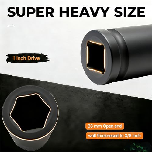 1 Inch Driver 33mm Extra Deep Impact Socket, 7.9 inch Length Deep Axle Nut Socket,6 Point Cr-Mo Deep Truck Wheel Nut Socket,Radius Corner Design, Chamfered Opening - size: 33