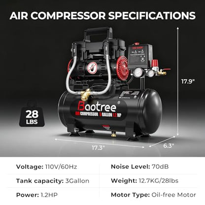 3 Gallon Ultra Quiet Air Compressor with Two Quick Couplers, 1.2HP MAX 115PSI Oil-Free Air Compressor Steel Tanks, 70dB Air Compressor with Wheels for Spray Painting, Auto Repair, Woodwork Nailing - size: 3G