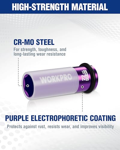 WORKPRO 1/2" Drive Lug Nut Impact Duty Socket, 22mm Deep Thin Wall Socket, Made of Premium Cr-Mo Steel, Non-Marring Lug Nut Wheel Sockets for Car - size: 1/2" DR x 22mm