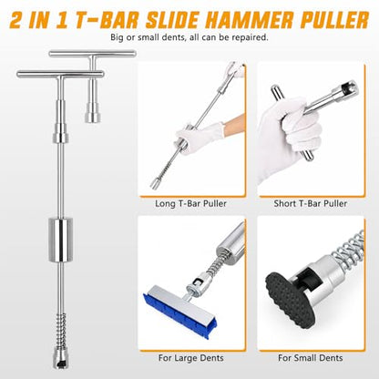 GOOACC 97 PCS Car Dent Puller Paintless Dent Removal Tool Adjustable Lifter Bridge Pullers 2 in 1 T-Bar Slide Hammer Suction Cup Glue Gun Repair Kit for Car Dents Hail Damage Door Body Ding - color: 97PCS Dent Puller Kit