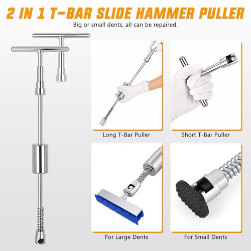 GOOACC 97 PCS Car Dent Puller Paintless Dent Removal Tool Adjustable Lifter Bridge Pullers 2 in 1 T-Bar Slide Hammer Suction Cup Glue Gun Repair Kit for Car Dents Hail Damage Door Body Ding - color: 97PCS Dent Puller Kit