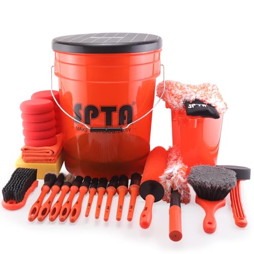 SPTA 32Pcs Car Wash Bucket Set, 20L Scratch Free Detailing Bucket with Car Wash Filter Wash Mitt Sponge Towels Tire Detailing Brush Set, Exterior Interior Car Detailing Set, Complete Car Care Tools - size: 20L