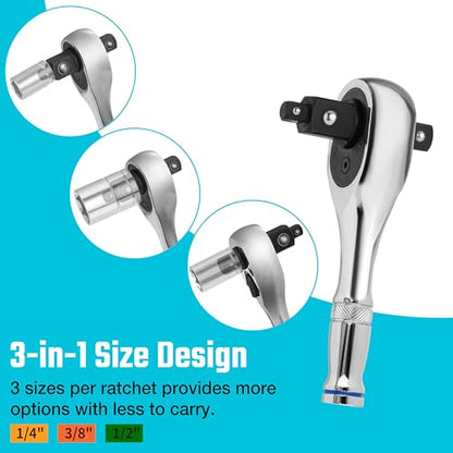 DURATECH 3-IN-1 Stubby Ratchet, 1/4", 3/8", 1/2", with 2 Extension Bars | 72-Tooth, Reversible Switch, Full-Polished Chrome Plating, Alloy Steel - style: Stubby Ratchet Set