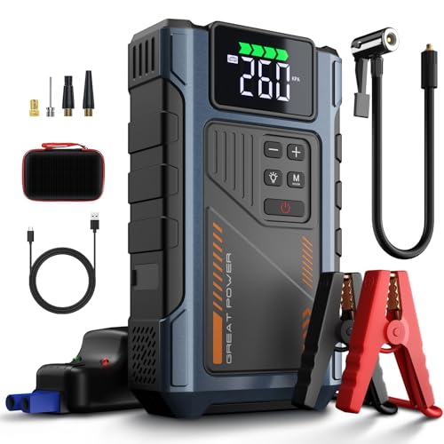 Car Battery Charger Jump Starter with Air Compressor, 4500A Jump Box for Car Battery Portable Jumper Cables with Battery Pack, 12V Jumpstart Combo 150PSI Tire Inflator Air Pump (8.5L Gas/7.0L Diesel) - color: Blue+Black