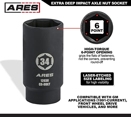 ARES 12038 34MM Axle Nut Socket, 6 Point Socket | Extra Deep 1/2-Inch Drive Impact Socket for Easy Removal of Axle Shaft Nuts - size: 34mm 6-Point