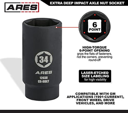 ARES 12038 34MM Axle Nut Socket, 6 Point Socket | Extra Deep 1/2-Inch Drive Impact Socket for Easy Removal of Axle Shaft Nuts - size: 34mm 6-Point