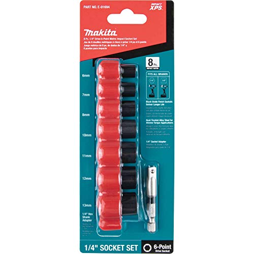 Makita E-01694 Impact XPS® 8 Pc. 1/4" Drive 6-Point Metric Impact Socket Set w/Standard Socket Adapter | Standard Adapter Included | Chrome Moly Steel | Metric Sizes | Heavy Duty | Laser-Etched Markings | 1/4-Inch Drive - style: Metric