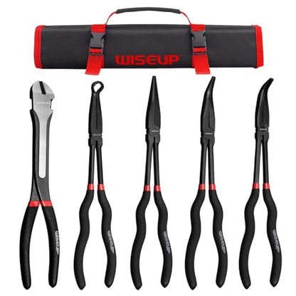 WISEUP 5Pcs Long Needle Nose Pliers Set ，Premium Carbon Steel | 11" Long Reach Straight ，45° Bent Nose ，90° Bent Nose Plier，Diagonal Pliers for Narrow Spaces
