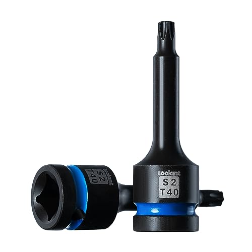 toolant 1/2-Inch Drive T40 Impact Torx Bit Sockets, 2-Piece | S2 steel one-piece sockets feature manganese phosphate coating, pin holes, and laser-etched markings - size: T40
