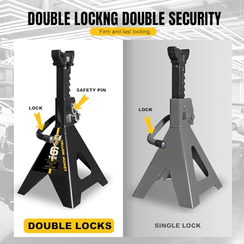 YELLOW JACKET Jack Stands 6 Ton with Double Locking for Lifting Car SUVS, Heavy Duty Steel, 13000 lb Capacity, 1 Pair, Black - color: black, size: 6 ton double locking