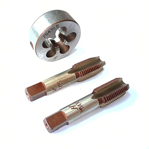 AtticZone M14 x 1.5 Metric Hand Thread Tap and Die Set, Right Hand 14 * 1.5, Alloy Tool Steel, 1 Taper Tap, 1 Plug Tap, 1 Round Die for Metal Working DIY Industrial - size: M14x1.5