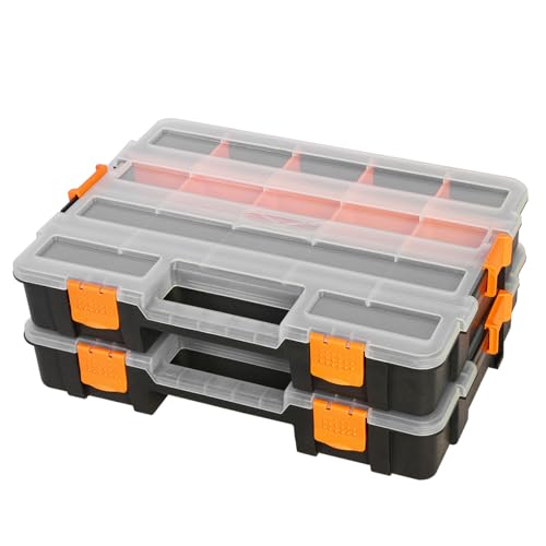 Jack Boss Tool Box with Transparent Lid, Single Side 17-Compartments Organizer Box with Removable Dividers for Hardware, Screws, Bolts, Nails, Beads, Jewelry and Fishing Accessories, Orange, 2 Pack - color: Orange, size: 2-PCS