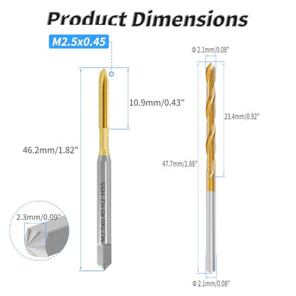 Tap and Drill Bit Set, M2.5x0.45 Tap and 2.1mm Twist Drill, HSS | For M2.5x0.45 Thread Tapping and Drilling, Ti Coated Tap and Twist Drill Combo for Industrial Mechanics Metalworking - size: M2.5*0.45 + 2.1mm