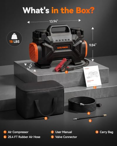 WOLFBOX HyperFlow60D 12V Portable Air Compressor, 60-Minute Runtime Offroad Air Compressor, 150 PSI Heavy Duty Tire Inflator with Auto Stop, Dual Cylinder Air Pump for Off-Road,4x4 Vehicle,Pickups,RVs