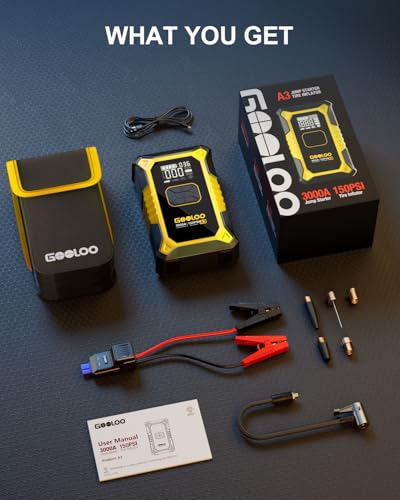 GOOLOO A3 12V 3000A Portable Jump Starter with Air Compressor | 7-in-1: 3000A Lithium Jumper Box - 150 PSI Tire Inflator - USB-A Output - LED Flashlight - Ball / Bike Pump - Pressure Gauge - color: Yellow