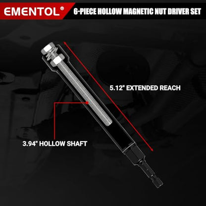 EMENTOL 6 PCS Hollow Shaft Magnetic Nut Driver Set, 1/4 to 9/16-Inch Color Coded Hex Sockets, 5-Inch Extended Reach SAE Nut Setters, Cr-V Steel Impact Rated for HVAC & Automotive Repair