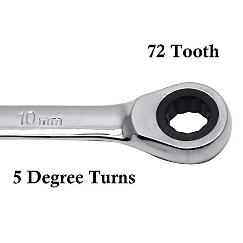 2 Pcs 10mm Ratchet Wrench Metric Ratcheting Wrench Set with 5° Movement and Hardened & 72 Teeth for Projects Metric Tight Spaces - size: 10 mm