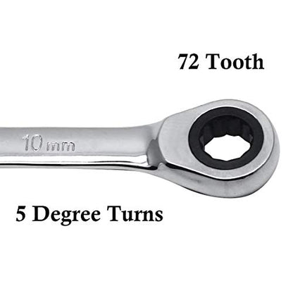 2 Pcs 10mm Ratchet Wrench Metric Ratcheting Wrench Set with 5° Movement and Hardened & 72 Teeth for Projects Metric Tight Spaces - size: 10 mm