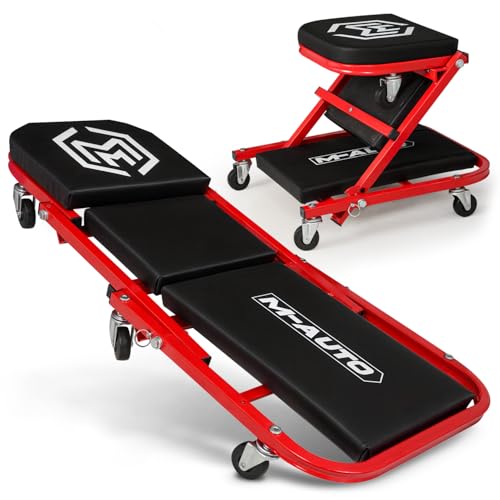 M-AUTO 40-Inch Folding Creeper Rolling Seat, All-in-One Adjustable Roller Garage Chair, Lay Down or Sit, 330LBS Capacity Under Car Roller Creeper with 6 Swivel Casters, Red - color: Red, size: 40"