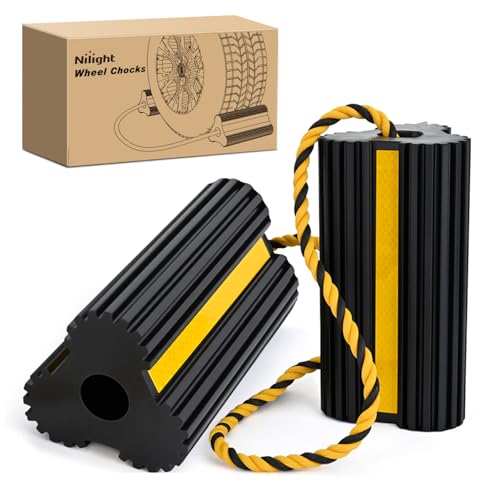 Nilight Wheel Chocks Rubber Yellow Reflective Strips 2 Pack with Rope | Heavy Duty Tire Chock Blocks Stopper Stabilizer for RV Car Travel Trailer Camper Truck Motorcycle Accessories Parki - size: 2 Pack Wheel Chocks